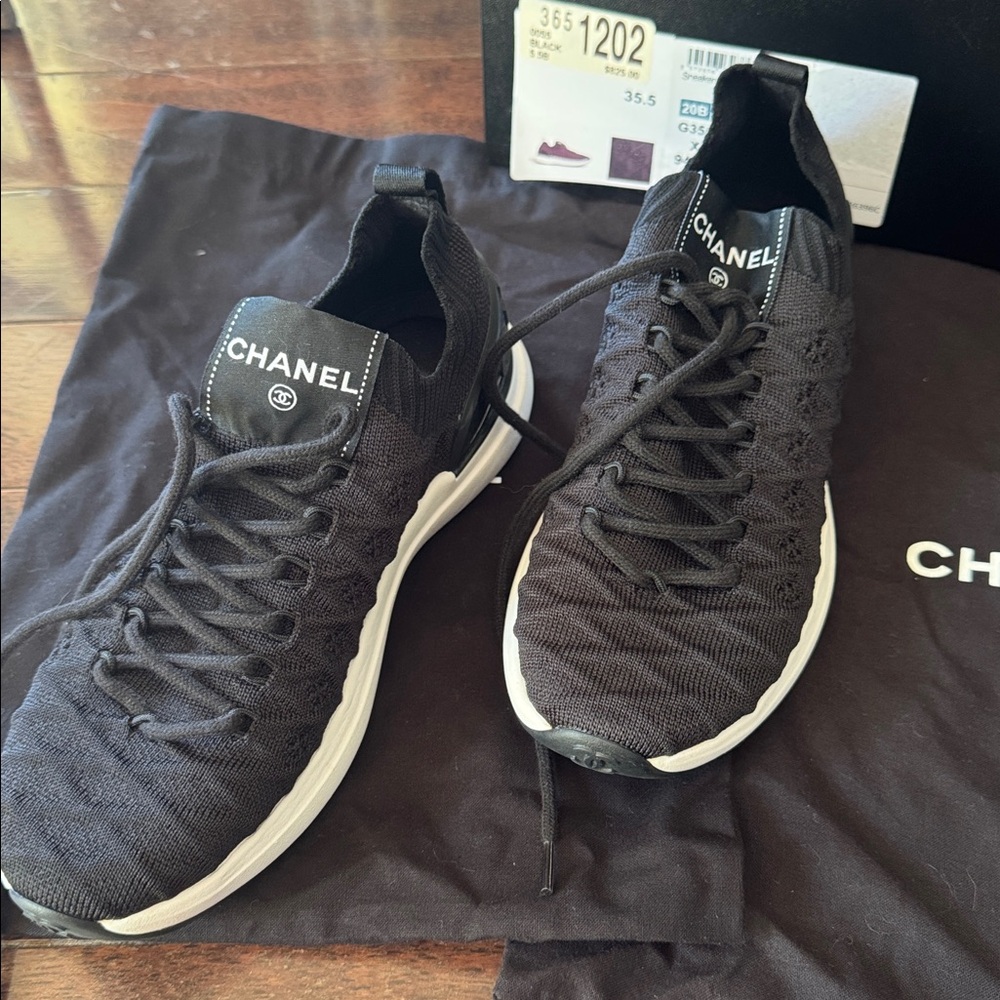 CHANEL Black Knit Sneakers with White Soles